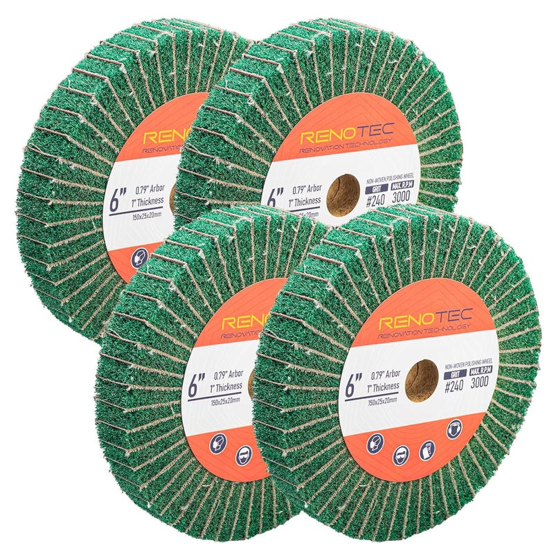 RENOTEC 6 Inch Flap Wheel, Non-Woven Abrasive Polishing Wheel, 1 Inch Thickness, 3/4 Inch Arbor, for Bench Grinder (4 Pcs Grit240 SP) - Image 1